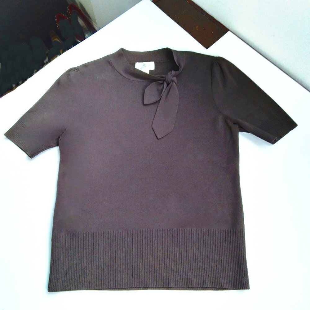 Vintage Brown High Neck Short Sleeve Pullover Sweater With Bow Detail Sz M